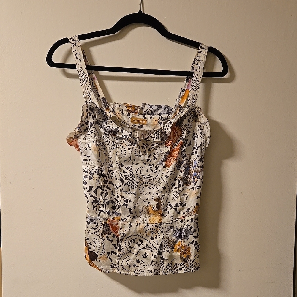 Galliano Cream and Black Fitted Asymmetrical Tank Top with Floral Embellishments